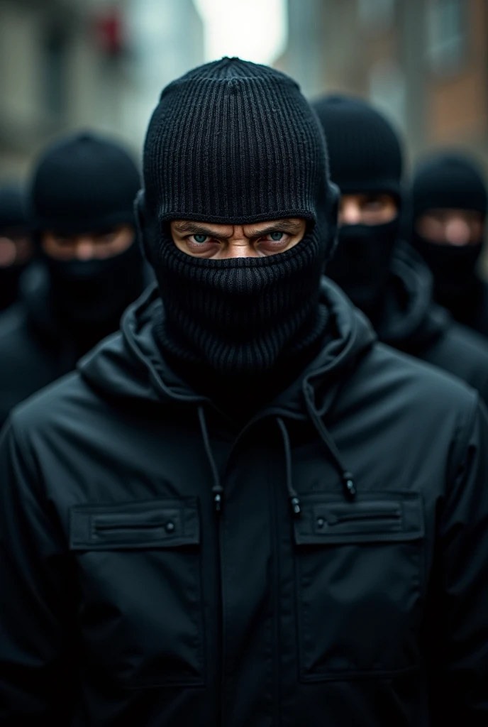 Men in balaclava wearing all black looking angry