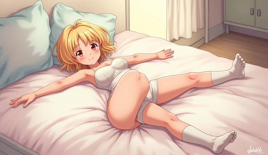 Anime blonde boy, Butt, how, White socks, cute, Dick Out, The penis is visible.bed.Spread your legs.fullbody
