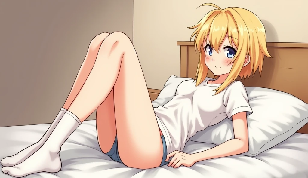 Anime blonde boy, Butt, how, White socks, cute, Dick Out, The penis is visible.bed.Spread your legs.fullbody