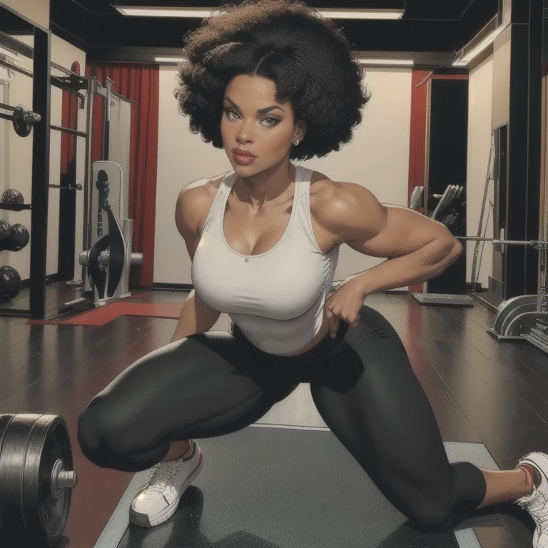 a robust and attractive afro-descendant woman, small bust, wide hips wearing a white tank top and black leggings, wearing queen system sneakers, sensual pose in the gym, daring look, detailed face, high quality, 8k, photorealistic, studio lighting, physically-based rendering, sharp focus, vivid colors, masterpiece, elegant, beauty, muscular, fit, athletic, confident, empowered, strong, female protagonist, urban, contemporary, realistic portrait