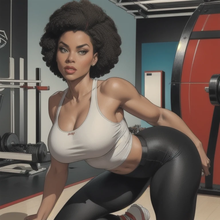 a robust and attractive afro-descendant woman, small bust, wide hips, wearing a white tank top and black leggings, queen system sneakers, sensual pose in the gym, daring look, detailed face, 8k, photorealistic, studio lighting, physically-based rendering, sharp focus, vivid colors, masterpiece, elegant, beauty, muscular, fit, athletic, confident, empowered, strong, female protagonist, urban, contemporary, realistic portrait