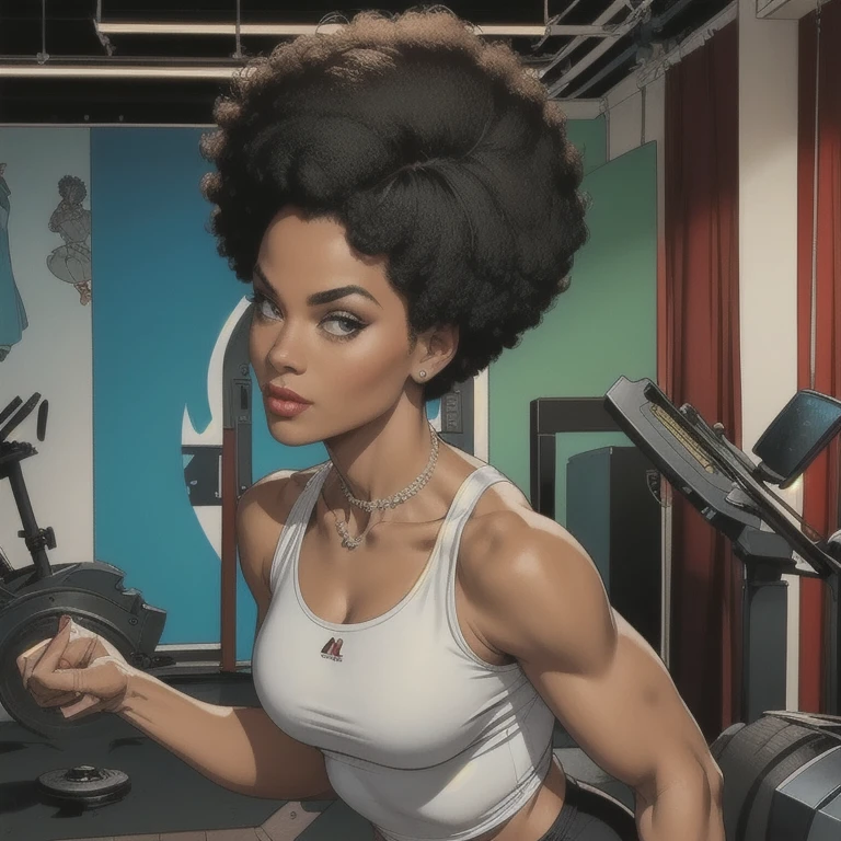 a robust and attractive afro-descendant woman, small bust, wide hips, wearing a white tank top and black leggings, queen system sneakers, sensual pose in the gym, daring look, detailed face, 8k, photorealistic, studio lighting, physically-based rendering, sharp focus, vivid colors, masterpiece, elegant, beauty, muscular, fit, athletic, confident, empowered, strong, female protagonist, urban, contemporary, realistic portrait