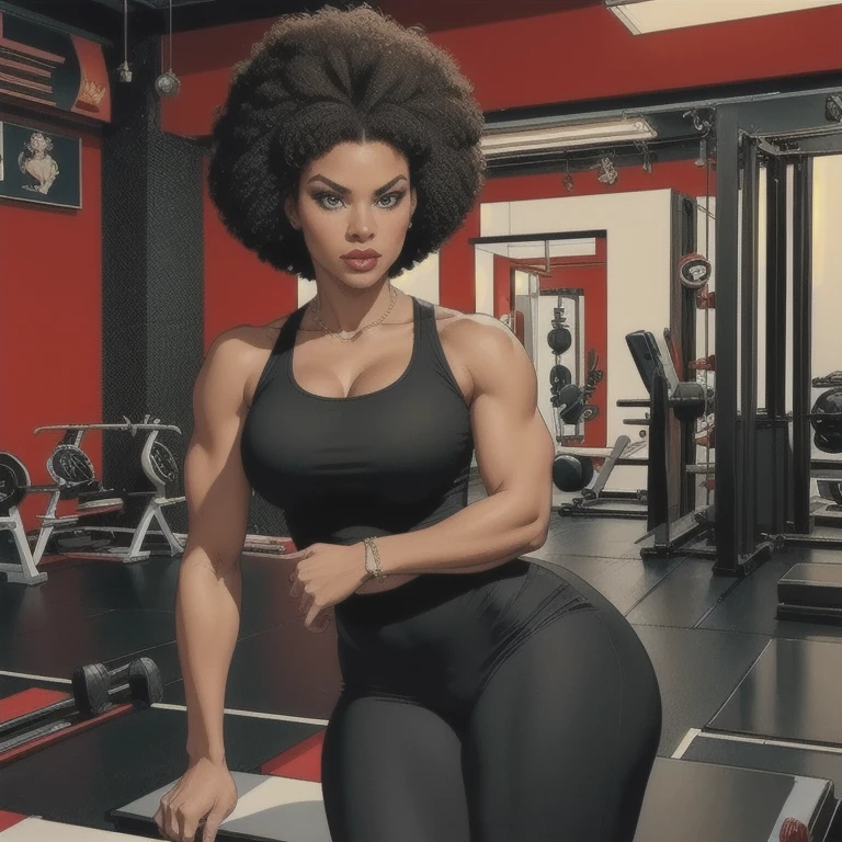 a robust and attractive afro-descendant woman, small bust, wide hips, wearing a white tank top and black leggings, queen system sneakers, sensual pose in the gym, daring look, detailed face, 8k, photorealistic, studio lighting, physically-based rendering, sharp focus, vivid colors, masterpiece, elegant, beauty, muscular, fit, athletic, confident, empowered, strong, female protagonist, urban, contemporary, realistic portrait