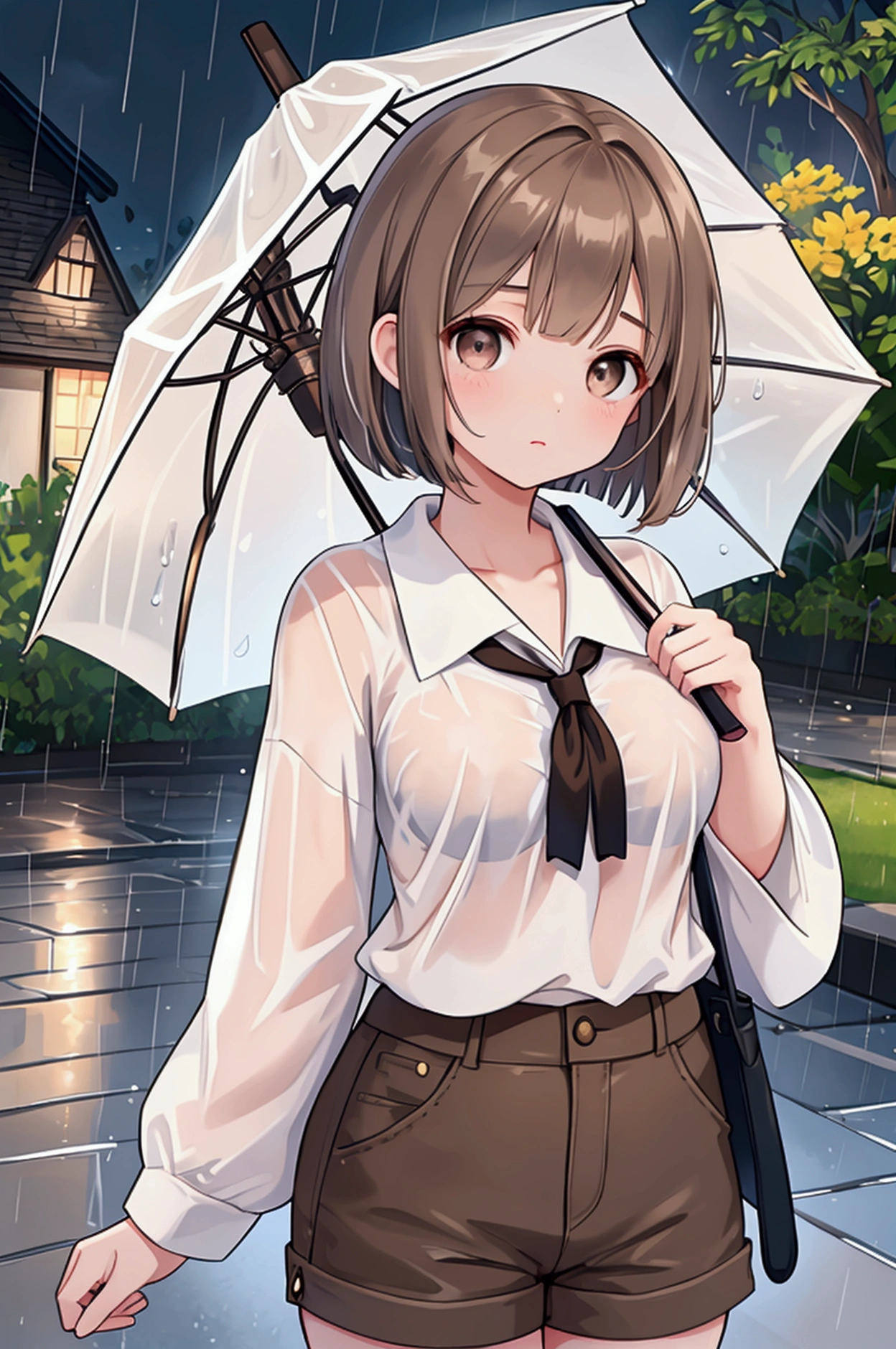 Photorealistic、Highest quality、Highest Resolution、Highest quality、16Ｋ、1 beautiful adult woman、Cute face、Delicate face、Bob cut hair、Ash brown hair color、Brown eyes、Delicate eyes、Beautiful Eyes、Troubled face、Beautiful breasts、Big Breasts、shirt、Shorts、umbrella、大rain、rain、Town