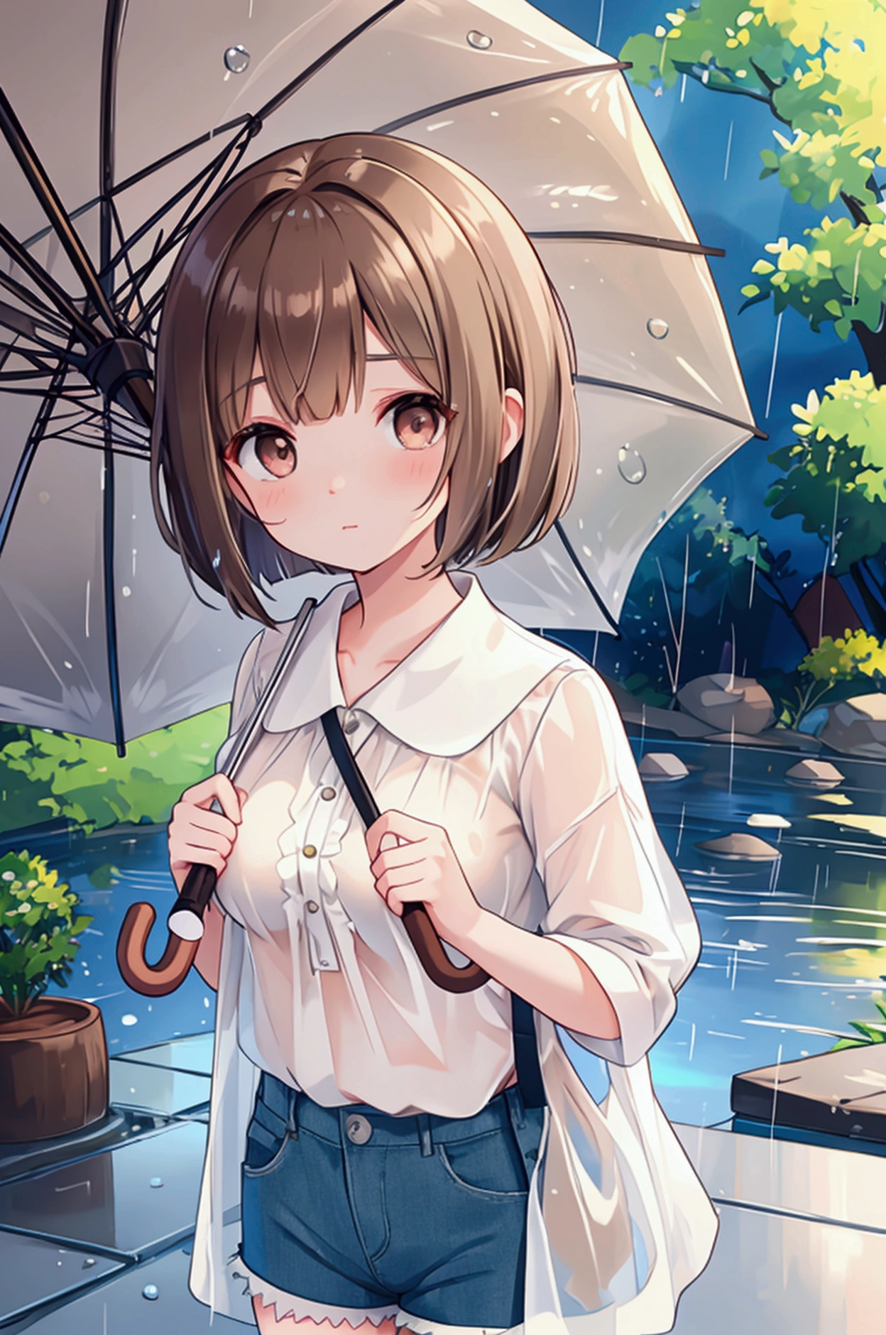 Photorealistic、Highest quality、Highest Resolution、Highest quality、16K、1 beautiful adult woman、Cute face、Delicate face、Bob cut hair、Ash brown hair color、Brown eyes、Delicate eyes、Beautiful Eyes、Troubled face、Beautiful breasts、Big Breasts、shirt、Shorts、umbrella、大rain、rain、Town