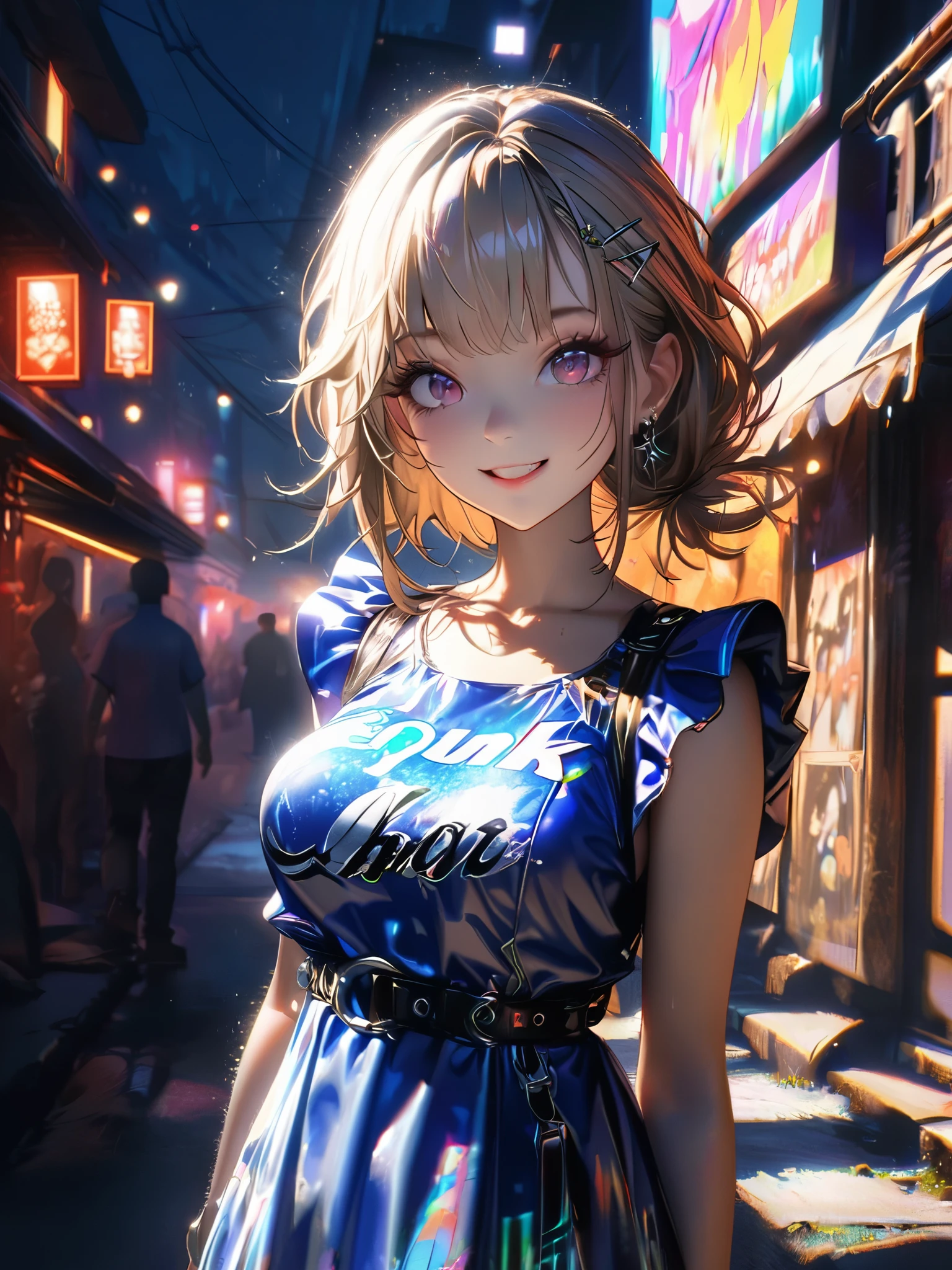 1 girl, chromatic aberration, Written boundary depth, Soft Light, masterpiece, Highest quality, complicated, Tone Mapping, A place where fireworks are set off at festivals. Concept Art, Smooth, Clear focus, Dramatic lighting, Very cinematic, super practical painting, アートステーション's trending, 8k, Incredible Shadows, practical, whole body, View, Viewers, Portrait of a Girl 1, standing on street corner, Heavy rain and lightning、Dark Sky, neon and cyber punk background, she is dressed in punk clothing with silver chains and silver spikes, Her hair was dyed light brown..................Ominous aura of light, smile, punk, ciber punk, Backlight.Fashionable clothes、Friendly dress code: Wearing a blue dress.My breasts are a little big