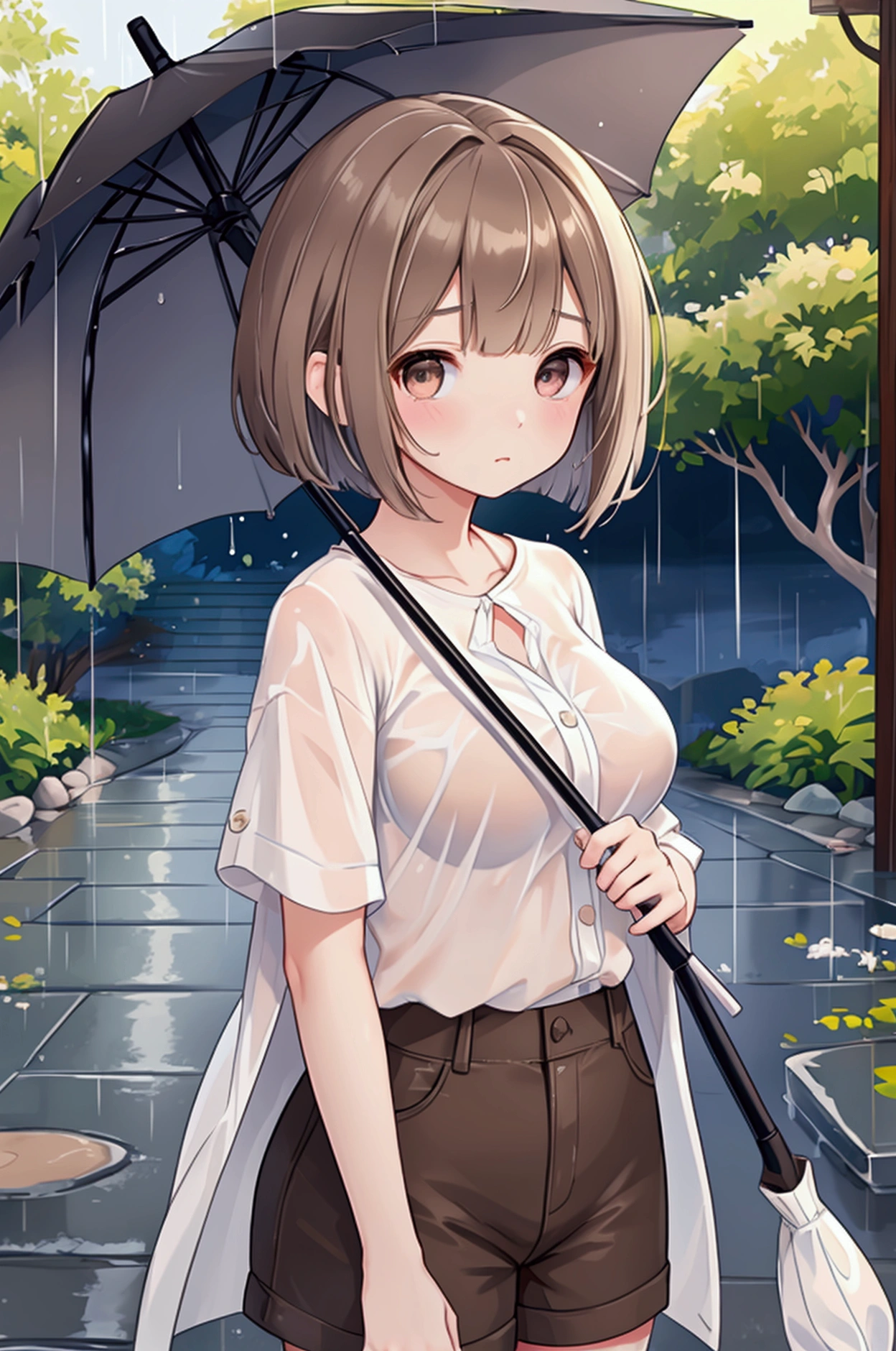 Photorealistic、Highest quality、Highest Resolution、Highest quality、16K、1 beautiful adult woman、Cute face、Delicate face、Bob cut hair、Ash brown hair color、Brown eyes、Delicate eyes、Beautiful Eyes、Troubled face、Beautiful breasts、Big Breasts、shirt、Shorts、umbrella、大rain、rain、Town