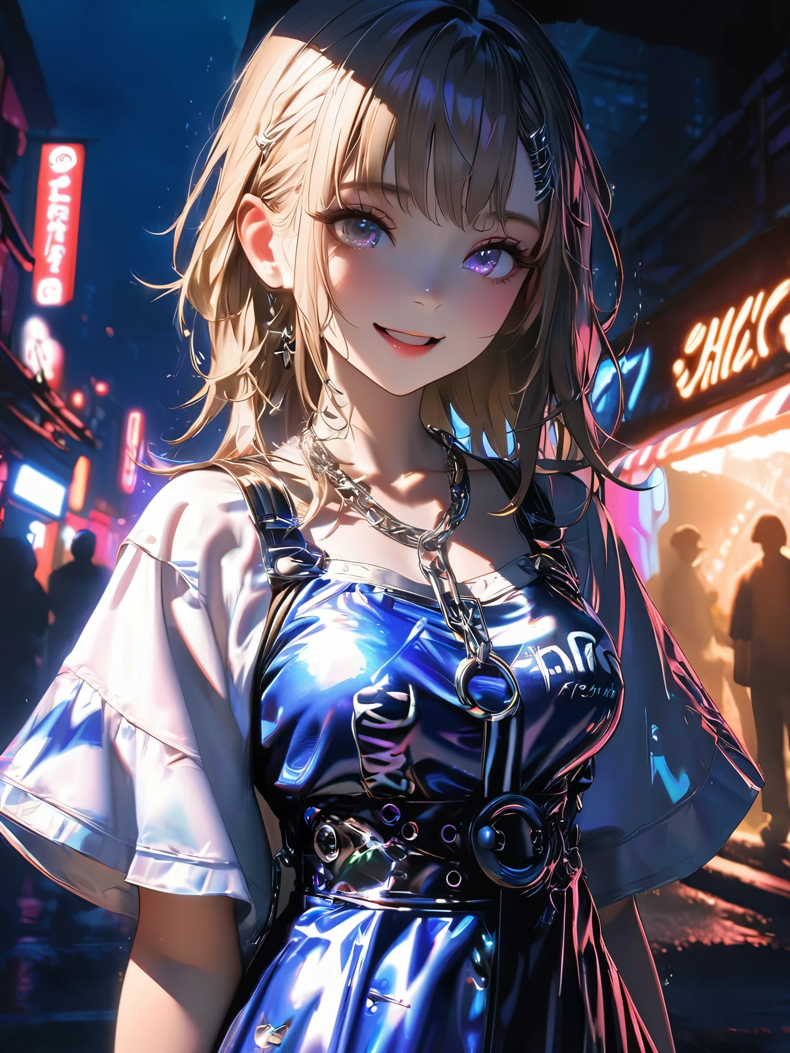 1 girl, chromatic aberration, Written boundary depth, Soft Light, masterpiece, Highest quality, complicated, Tone Mapping, A place where fireworks are set off at festivals. Concept Art, Smooth, Clear focus, Dramatic lighting, Very cinematic, super practical painting, アートステーション's trending, 8k, Incredible Shadows, practical, whole body, View, Viewers, Portrait of a Girl 1, standing on street corner, Heavy rain and lightning、Dark Sky, neon and cyber punk background, she is dressed in punk clothing with silver chains and silver spikes, Her hair was dyed light brown..................Ominous aura of light, smile, punk, ciber punk, Backlight.Fashionable clothes、Friendly dress code: Wearing a blue dress.My breasts are a little big