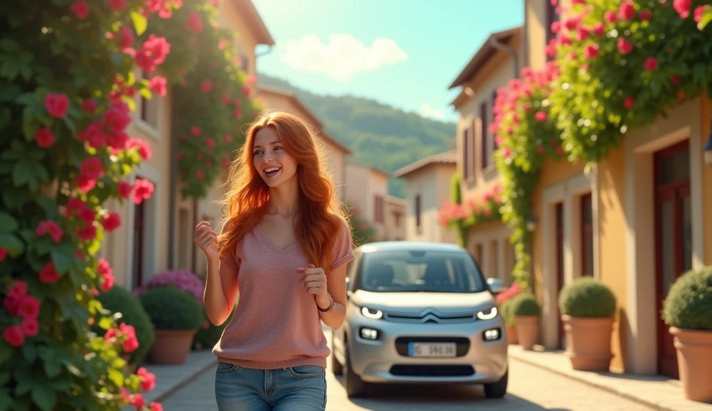 A 2 redheaded woman, arriving in the village of PROVENCE, behind the wheel of your electric Citroën AMI. She smiles and waves to people nearby. Typical houses, flower boxes and bougainvilleas. David Hamilton Style.