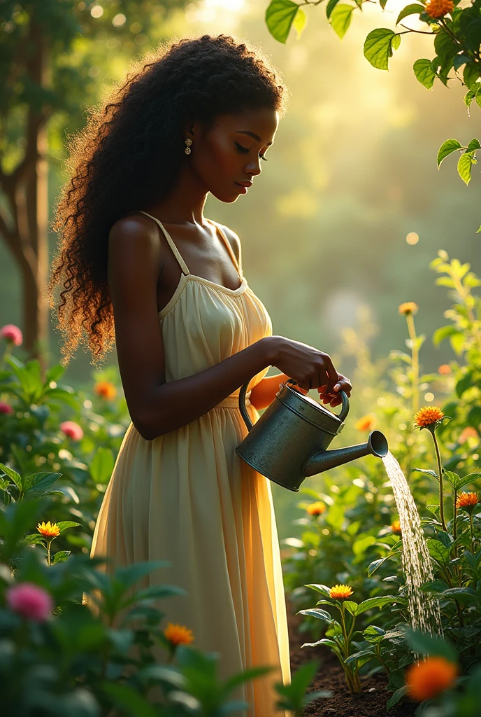 Beautiful black woman watering her garden
