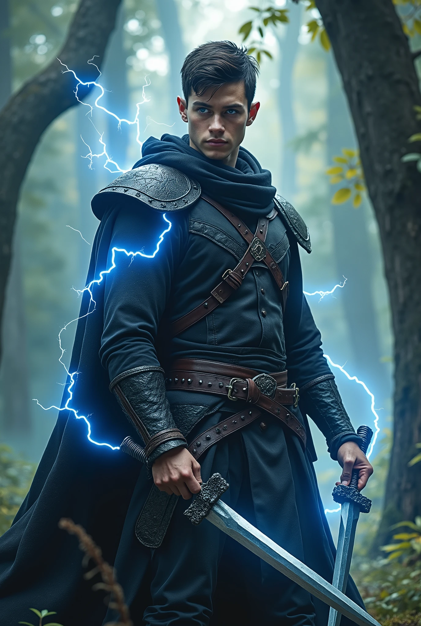 a young man with short black hair, blue eyes, tall, wearing dark hunter's clothing, wielding daggers in a medieval forest, wielding the power of lightning, (best quality,4k,8k,highres,masterpiece:1.2),ultra-detailed,(realistic,photorealistic,photo-realistic:1.37),fantasy,hyperrealistic,dark fantasy,dramatic lighting,cinematic,highly detailed,sharp focus,volumetric lighting