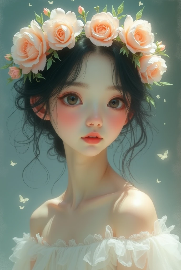 a portrait of a woman in a white dress and a flower crown, ethereal beauty, ethereal fairytale, a stunning young ethereal figure, ethereal and dreamy, dreamy and ethereal, ethereal!!!!!!!, dreamy and ethereal and dark, very ethereal, soft ethereal lighting, pale snow white skin, ethereal!!!, incredibly ethereal, porcelain skin. Studio Ghibli