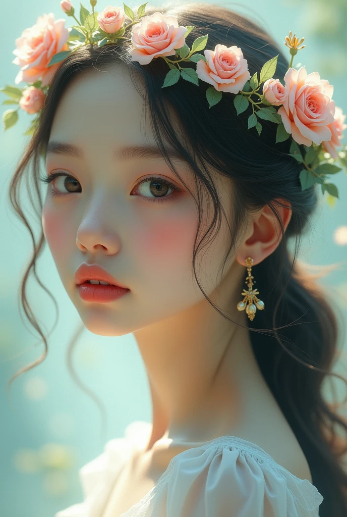 a portrait of a woman in a white dress and a flower crown, ethereal beauty, ethereal fairytale, a stunning young ethereal figure, ethereal and dreamy, dreamy and ethereal, ethereal!!!!!!!, dreamy and ethereal and dark, very ethereal, soft ethereal lighting, pale snow white skin, ethereal!!!, incredibly ethereal, porcelain skin. Studio Ghibli