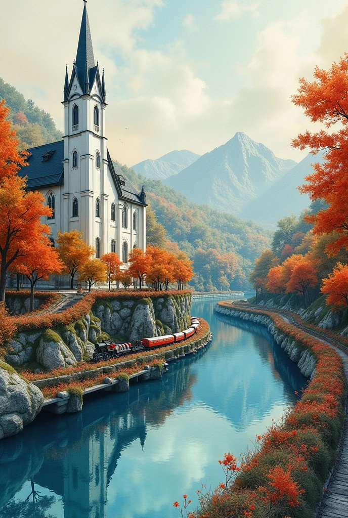 Surreal watercolor panorama showcasing a sinuous river gliding past a diverse architectural ensemble including a in close proximity to an imposing white Gothic church, a punk-style train traveling adjacent, all set against the backdrop of a maple forest and plantation house, abstract dreamlike colors swirling in the watercolor background, intricate 3D render detail enhancement, framed within an Art Deco styled border