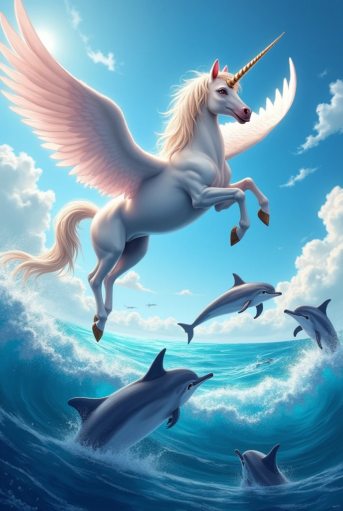 Create a more lively and colorful image of a unicorn flying over the sea with dolphins