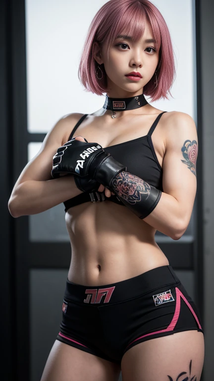 Beautiful Japanese female, (), Mixed Martial Arts trainer, (Casual clothes with navel exposed:1.3), (MMA gloves ), Fit body, (Muscles:1.2), Athletic feminine body, Female fitness model body, Private MMA octagon background, Masterpiece, Perfect lighting, Ultra high resolution, 8K, She trains men in MMA for a living, She is an exceptional MMA fighter, Hard toned feminine body, (Short hair, bob cut, Pink hair color, Blunt bangs:1.2), (Sexy smile for the camera:0.7), (Very sexy pose), (Holding a very large weapon in hand, Wearing a very large weapon, Standing with a very large weapon, Raising a very large weapon:1.3), (Tattoos all over body, Japanese tattoos on 80 percent of the body:1.5), Red lips, Red high heels, Choker, Necklace, Earrings, (Very detailed:1.4), Front view, Looking at the camera, Pensive expression,