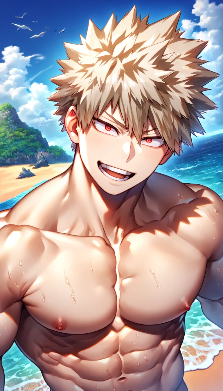 absurdres, highres, ultra detailed, HDR, master piece, best quality, extremely detailed, Bakugou Katsuki, ash-blonde hair, expressive red eyes, Boku No Hero Academia, solo, sexy man, handsome, handsome smile, sensual, manly man, bare chest, horny, island, sea, beach
