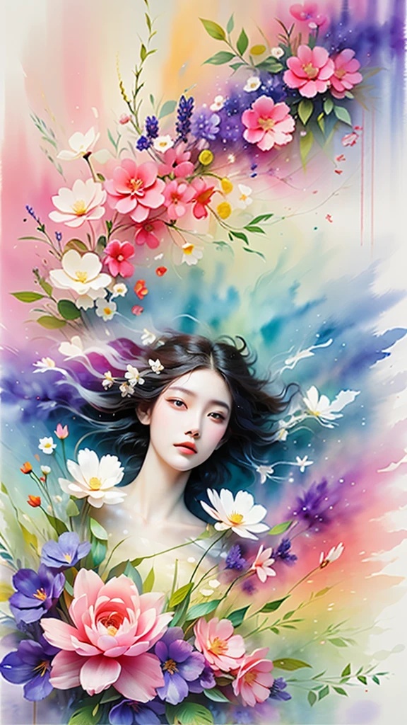 1 girl,flower, Platycodon ,Light pink and light blue styles, Fantasy and romantic works, light pink, ethereal leaves, Interesting arrangement,fantasy, high contrast, ink strokes, explode, overexposure, Impressions of purple and red tones , Abstract, ((Watercolors by John Birkey and Jeremy Mann )) brush stroke, negative space,