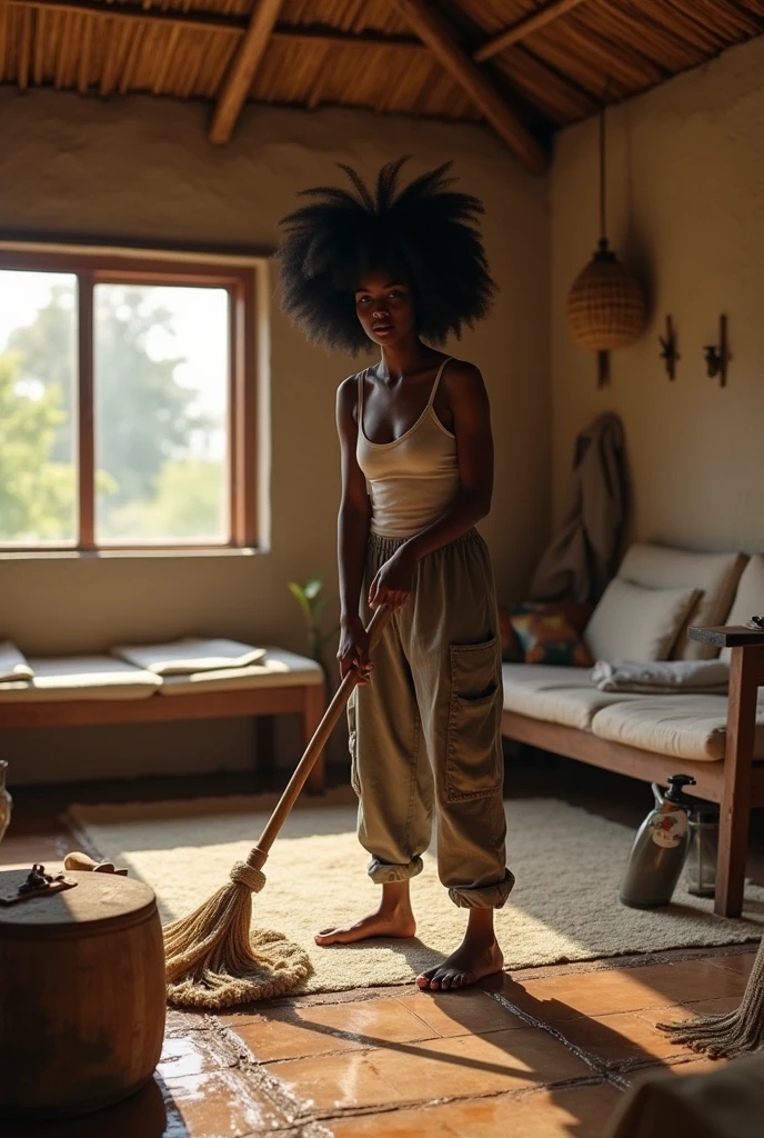 Generate an image of an African modern black woman skinny in afro washing cleaning a living room in a village setting. It should be realistic and human