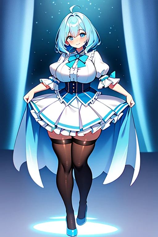 Magical girl　Light blue hair　dress　Frills　Chest　Short skirt　tights　（Very large breasts:1.5）　(Very curvy body type:1.2) smile　Blushing Full Body Photograph　Standing Plump