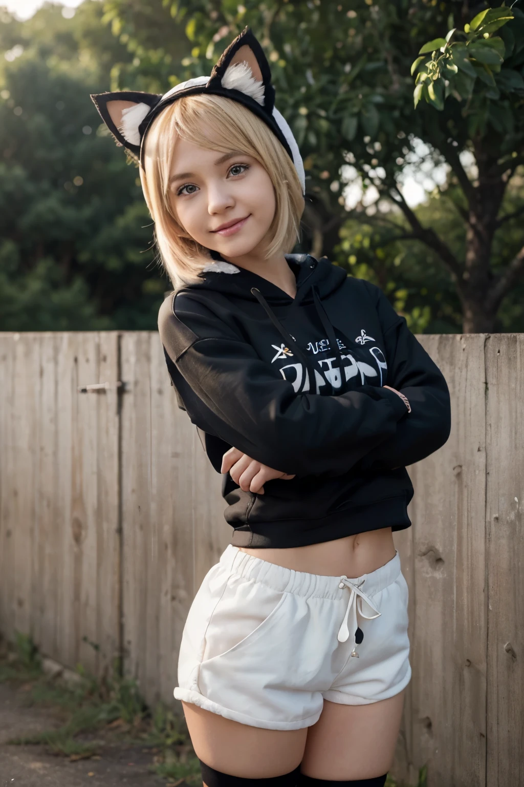 (masterpiece), (highest quality), (illustration), (super detailed), (high resolution), absurdity, 1girl, (kagamine-rin), (vocaloid), smile, short hair, hair clip, (hoodie with cat ears), wearing a hoodie hat, moe sleeves, blush, black skin tight shorts, (blonde), (tattoo of the number 02 on the left arm), very cute girl, small, young, delicate, outdoors, attention to girls, slender