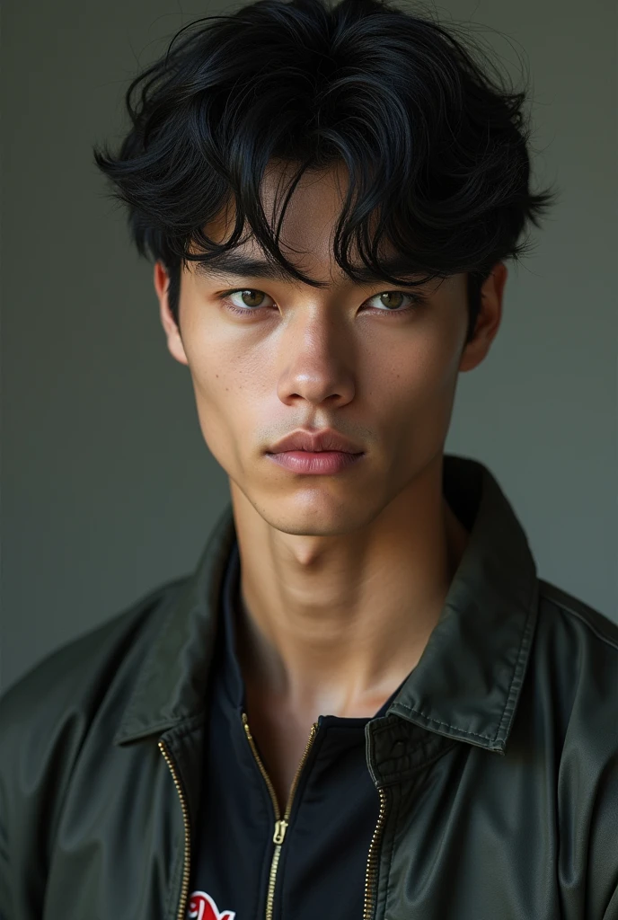 incredibly handsome, has a fascinating facial structure, White skinned, black hair, green Eyed, His nose is symmetrical, his mouth fits his face perfectly, tall, broad shouldered, Wearing size 45 shoes, A 1 boy wearing baggy pants and a jacket.