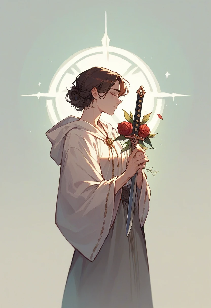 Brunette woman in profile with white hair praying and receiving illumination from heaven with a background of roses and holding a sword in her hand