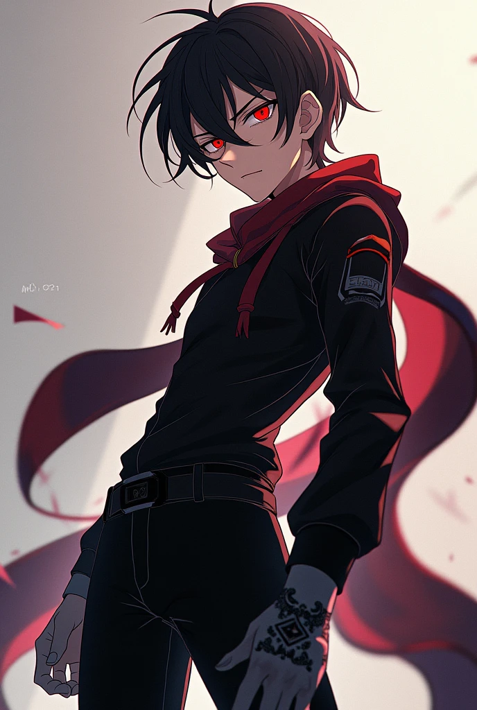 male character, mascara doesn't do it, Eyes red, medium hair, black leagwear, anime styling