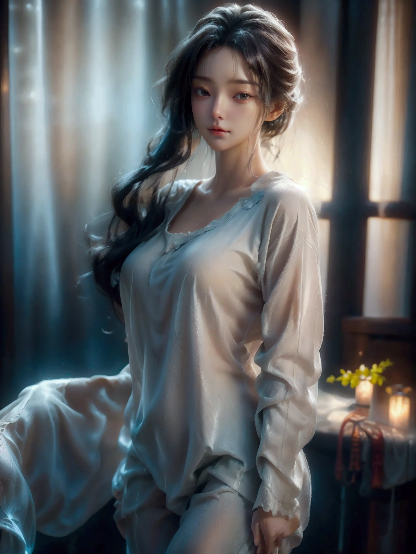 “A beautiful woman with wet hair, fresh from a bath, dressed in comfortable pajamas. She is standing in a cozy, softly lit room, holding a can of beer in one hand, her expression relaxed and content. Her damp hair clings slightly to her face and shoulders, giving a natural and intimate look. The pajamas are soft and slightly oversized, emphasizing comfort and relaxation after a bath. The background features warm, ambient lighting, with subtle details of a home interior, such as a softly glowing lamp and a neatly made bed, creating a serene and cozy atmosphere.”