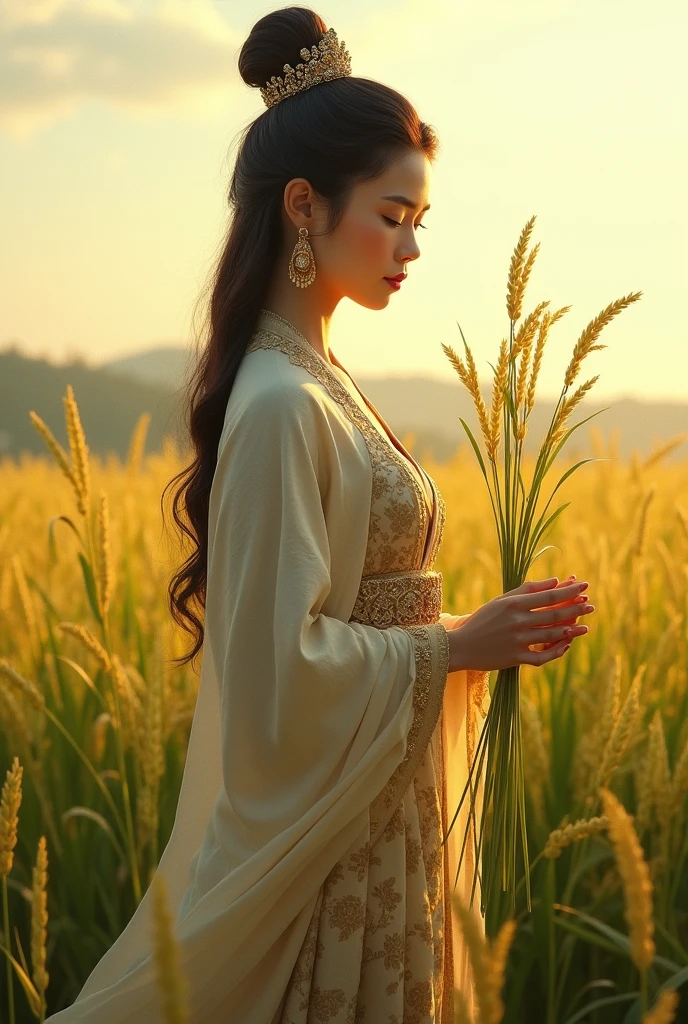 Beautifull queen in rice field with rice ini her hand