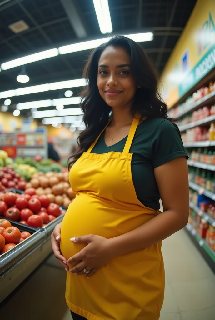 Pov of your vision when a pregnant plus size Indian stepmom with a big belly works and becomes a supermarket cashier and shows off her belly. HD, cinematic, Photorealistic, fisheye camera view, iphone camera style