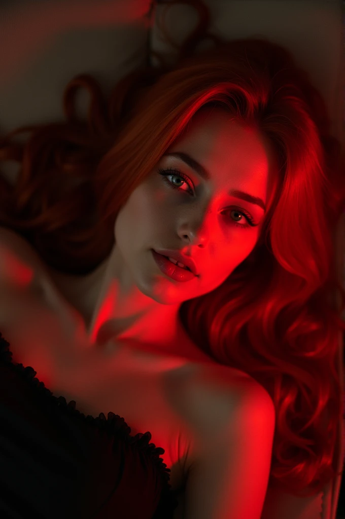 arafed woman with red hair laying on a couch in a room, red glowing hair, glowing red, red and cinematic lighting, crimson red hair and red eyes, red haired goddess, redhead girl, red glowing skin, red head, glowing crimson head, beautiful soft lighting, with red hair and green eyes, with red hair, gorgeous soft lighting, red hair girl