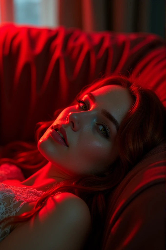 arafed woman with red hair laying on a couch in a room, red glowing hair, glowing red, red and cinematic lighting, crimson red hair and red eyes, red haired goddess, redhead girl, red glowing skin, red head, glowing crimson head, beautiful soft lighting, with red hair and green eyes, with red hair, gorgeous soft lighting, red hair girl