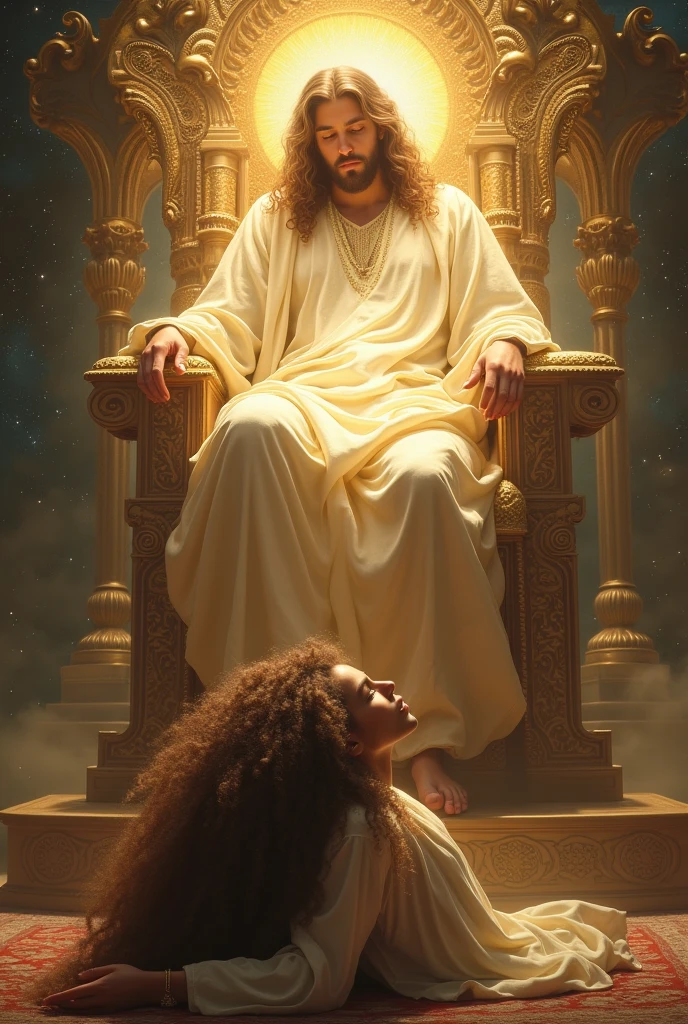 Beautiful and mystical curly-haired woman prostrate in deep adoration, offering his life and work to Jesus sitting on his golden throne more radiant than all the stars in the sky