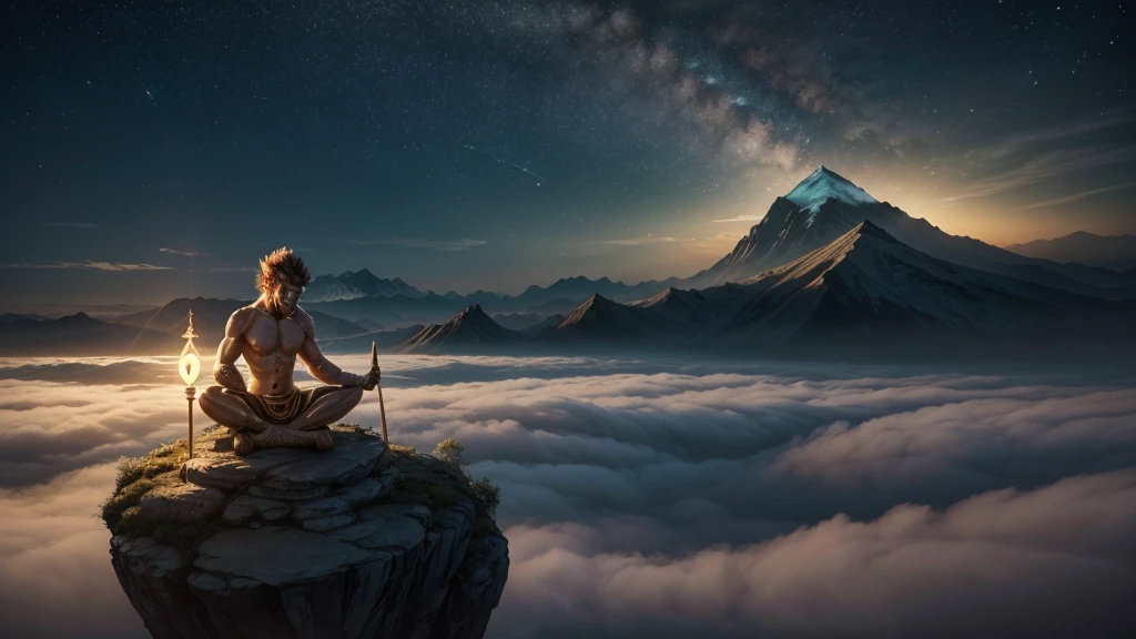  "Depict Sun Wukong, the Monkey King, in his Nirvana state from 'Journey to the West.' Place him in a serene, celestial landscape high above the clouds, where the sky is illuminated by the soft glow of a rising sun. Sun Wukong should be seated in a meditative lotus position on a floating, ancient stone platform engraved with mystical symbols. His golden fur should emit a subtle, radiant light, and his eyes should be closed in deep meditation, exuding a sense of peace and enlightenment. A golden halo should encircle his head, and his body should be surrounded by a gentle aura of energy, shimmering with shades of gold, violet, and blue. Around him, the celestial environment should include soft, flowing clouds, ethereal rays of light, and the faint silhouettes of sacred mountains in the distance. The atmosphere should evoke a sense of spiritual transcendence, with Sun Wukong embodying the ultimate state of inner peace and divine wisdom."