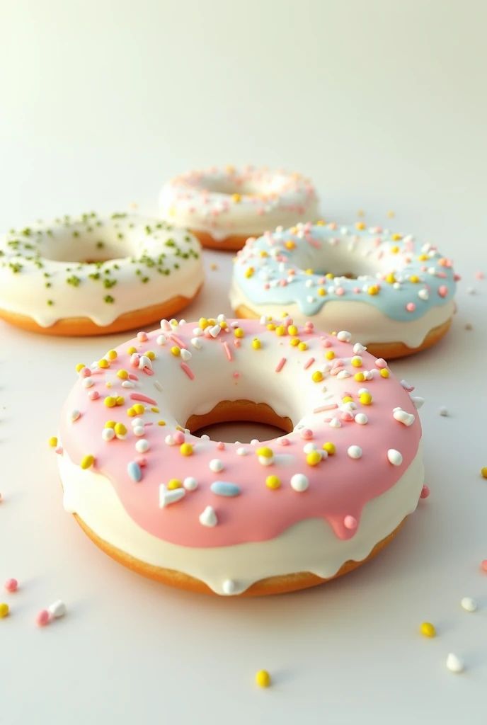 Create 1 donut with white frosting and green flecks, a donut with white frosting and yellow spots A donut with white frosting and orange spots A donut with white frosting and light blue spots