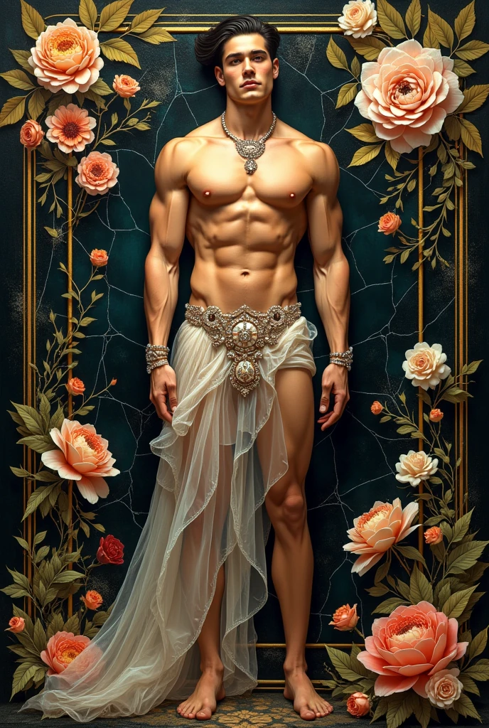 a young man, latino, slender, figure with divine proportions and realistically detailed musculature, very detailed feet, muscled legs, barefoot man, swimmsuit, masculine gaze, by Klimt paint in stone texture, Portrait, Floreal silk transparent dress whit jewels in art deco by vlop, Nicto Ngai, Klimt, Annigoni, Alphonse Mucha, Botticelli, Catrin welz-stein, Jean metzinger, Perfect eyes, Perfect handsface, Pearls necklace, Embossed foil relief, Highly detailed, Complementary colors, Hyper detailed. Watercolor and ink splatter, Dynamic pose, Dark floreal background, Broken glass effect, No background, Stunning, Mythical being, Energy, Molecular, Textures, Iridescent and luminescent scales, Breathtaking beauty, Pure perfection, Divine presence, Unforgettable, Impressive, Breathtaking beauty, Volumetric light, Auras, Rays, Vivid colors reflects
