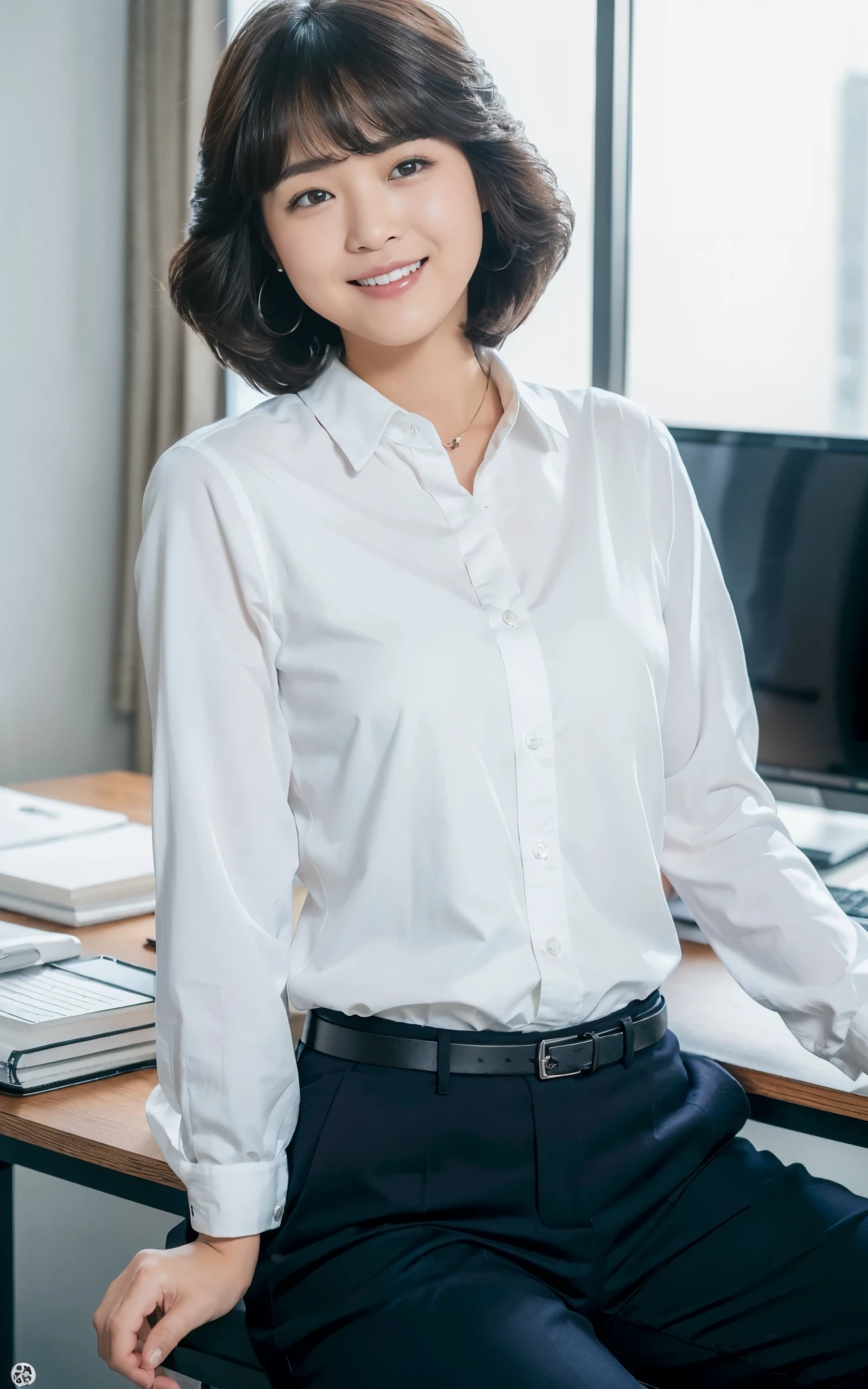 ((Best Quality, 8k, Masterpiecedetails, ultra-high resolution)), (looking at the viewer), (full shot:), attractive business 1 milf sitting down on office, desk, a bit chubby:0.25, white collared shirt, grey long pants, (laying down on office desks)), smile, office of CEO,
