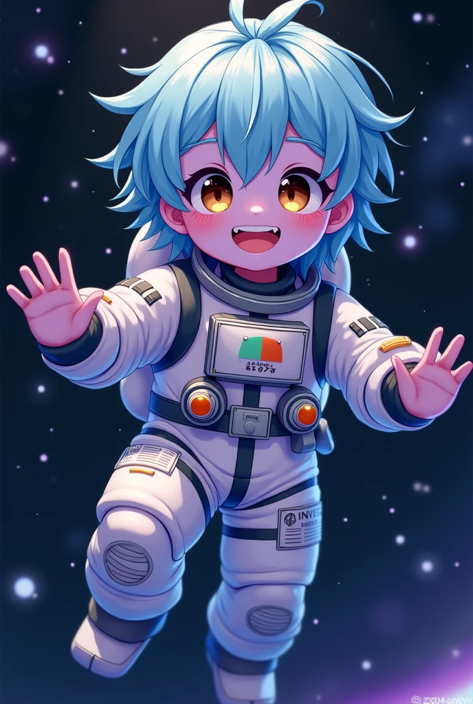 Anime Boy with purple skin, blacked out eyes with yellow pupils, and light blue hair in astronaut suit smile
