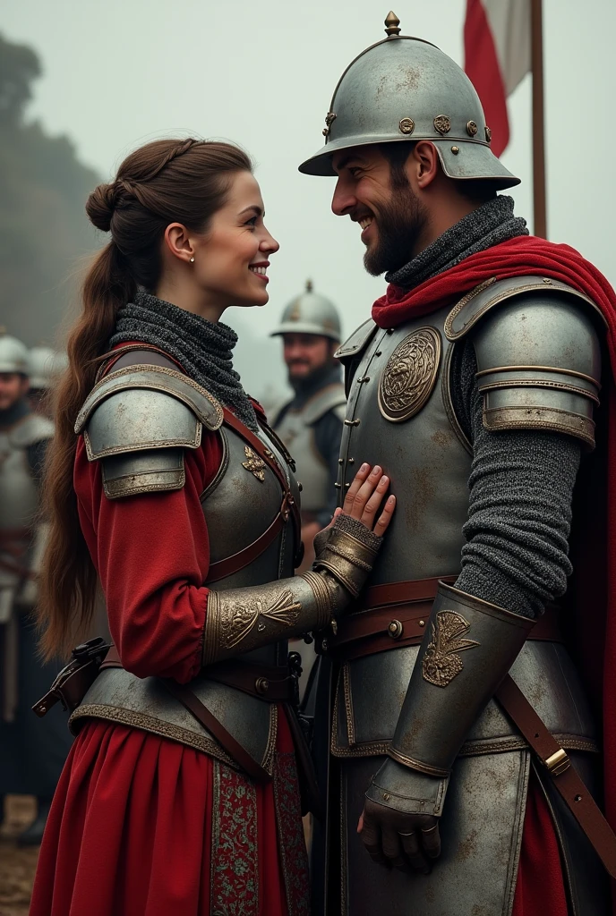 A medieval woman stands next to her sergeant, who is taller than her.. They both wear the characteristic armour of the Polish winged hussars and smile., showing complicity. The image captures the two characters facing each other., revealing their full figures and the camaraderie they share.