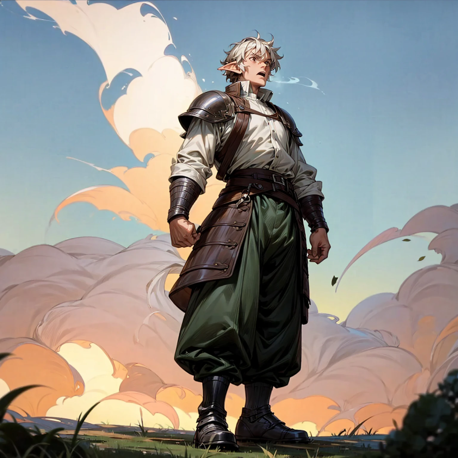 Solo character, full body version, old man, big man, muscle, (elf), brown eyes, white color hair, short Curly hair, white shirt, green long pants, shoes, belt, outdoor, field, Greenland, evening, medieval, standing gesture, detailed background, detailed clothing, detailed hair, (Makoto shinkai style art), thin beard, open mouth, angry, armor, smoke effect, fire effect 