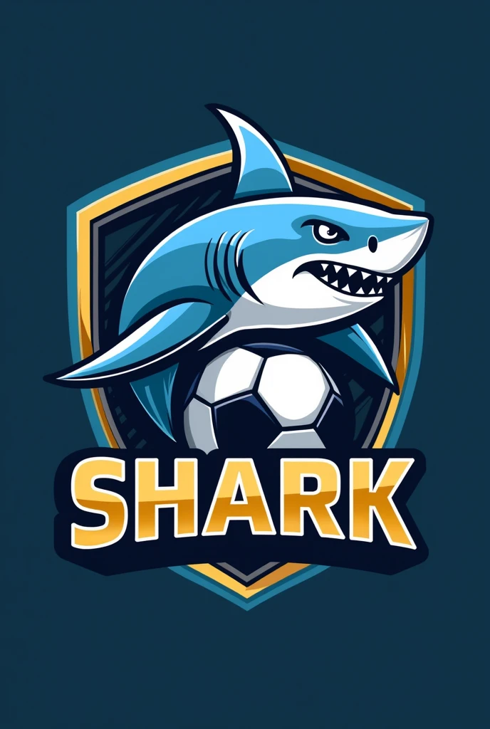 Create a shark logo for a soccer sports team using the colors light blue and gold including a soccer ball 