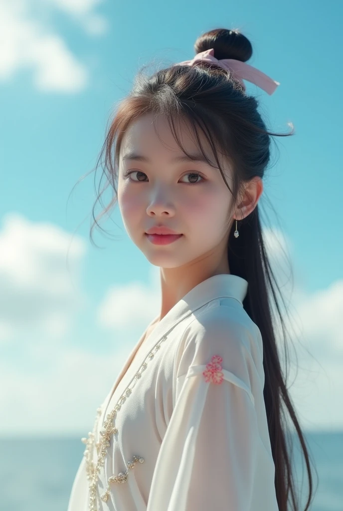{high quality}, Octane Rendering, Ultra HD, Depth of Field, epic, Movie, ancient China,Ten years old 1 名女孩, Cute face, Blue sky and white clouds,Transparent white clothing,Ten years old,underwear ,Looking sideways at the camera, her skin is fair and soft., Beautiful Skin, 漂亮的脸蛋 Ten years old豐滿的胸部 大胸部 細腰