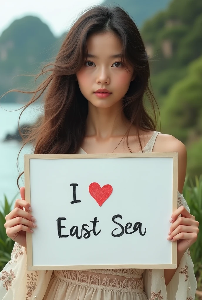 Beautiful girl with wavy long hair, bohemian dress, holding a white board with text "I Love East Sea " and showing it to the viewer