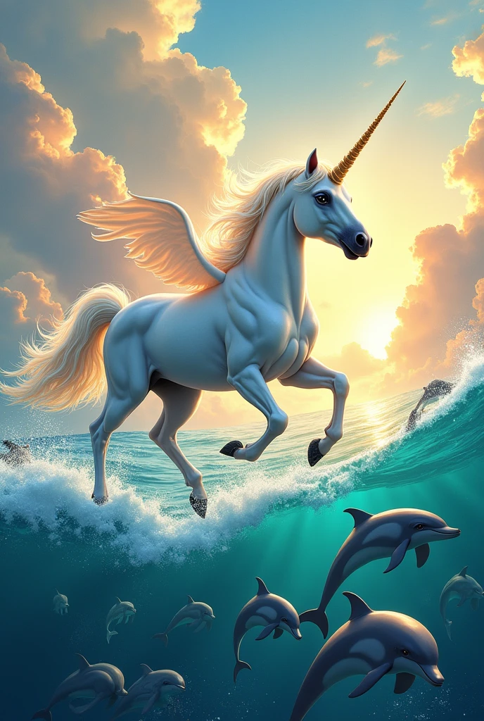 Create a more lively and colorful image of a unicorn flying over the sea with dolphins With bright colors