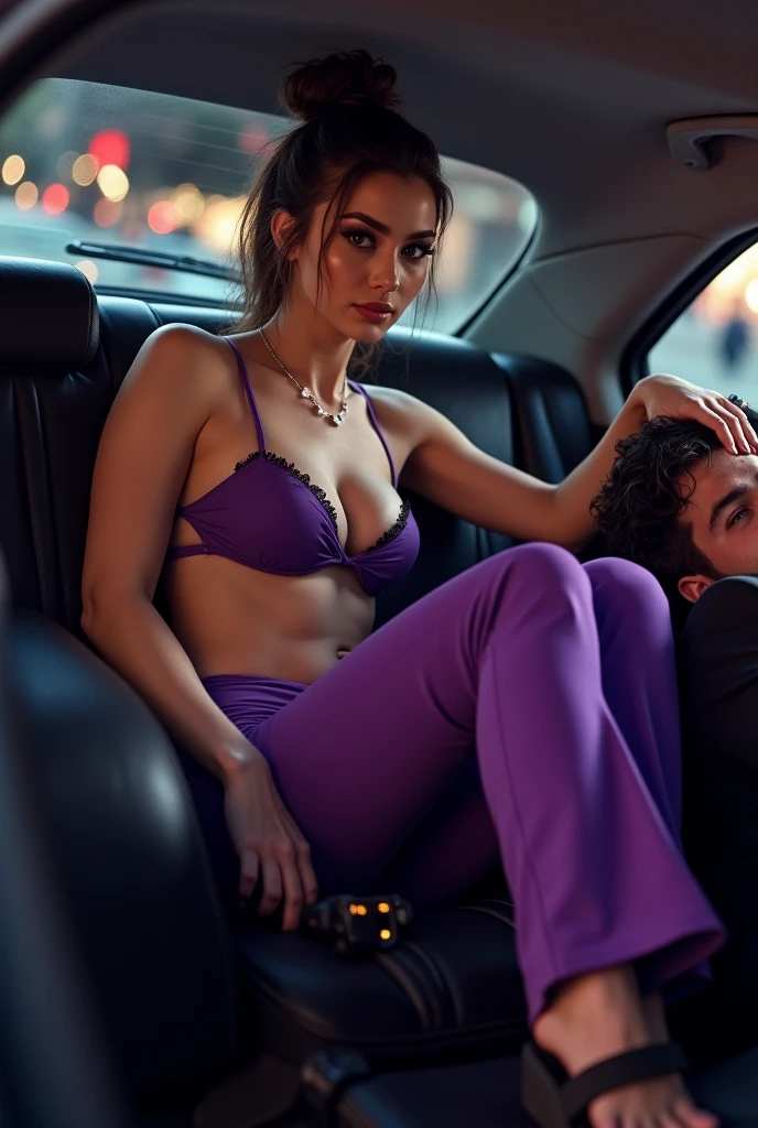 Beautiful Mistress,brown bun hairs, wearing purple boot-cut pants, wearing purple underwear, wearing black home sandals,man wearing suit, mistress sits in car, man lying down under mistress chair, mistress foot on man's face, foot on face, inside car , femdom, night