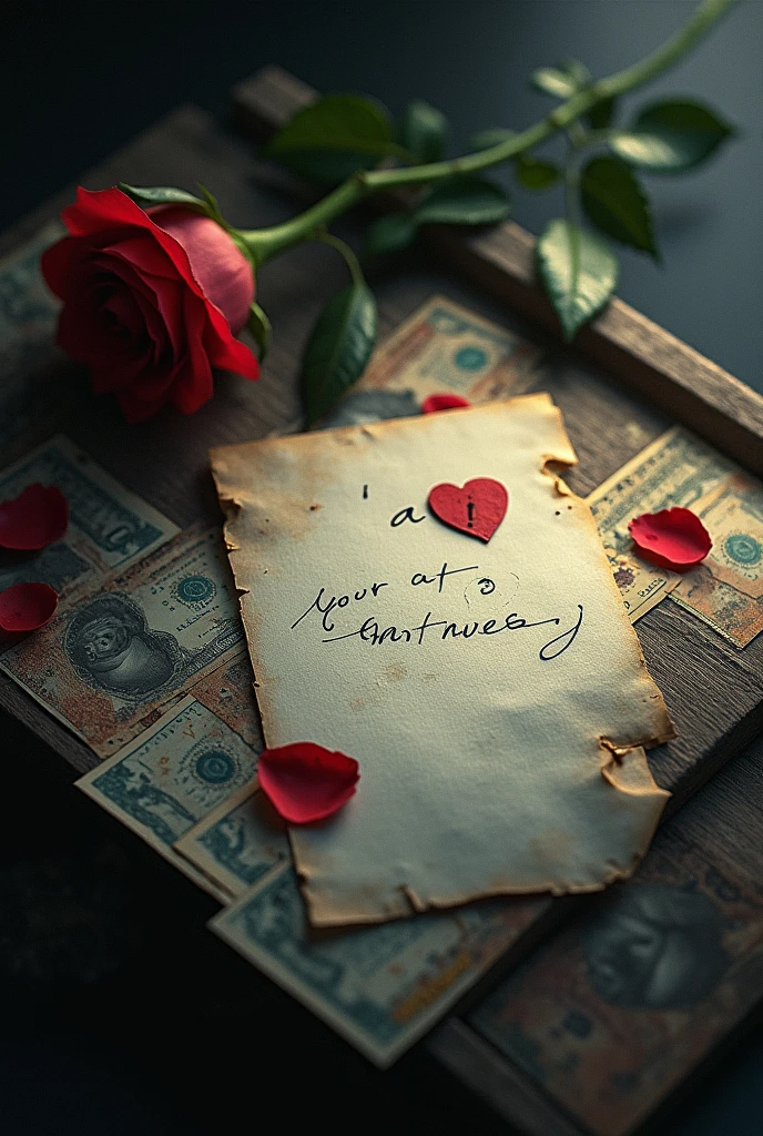 Create an image, that has a table seen from above with lots of banknotes, A letter written "At Mercy" with a broken heart and a rose