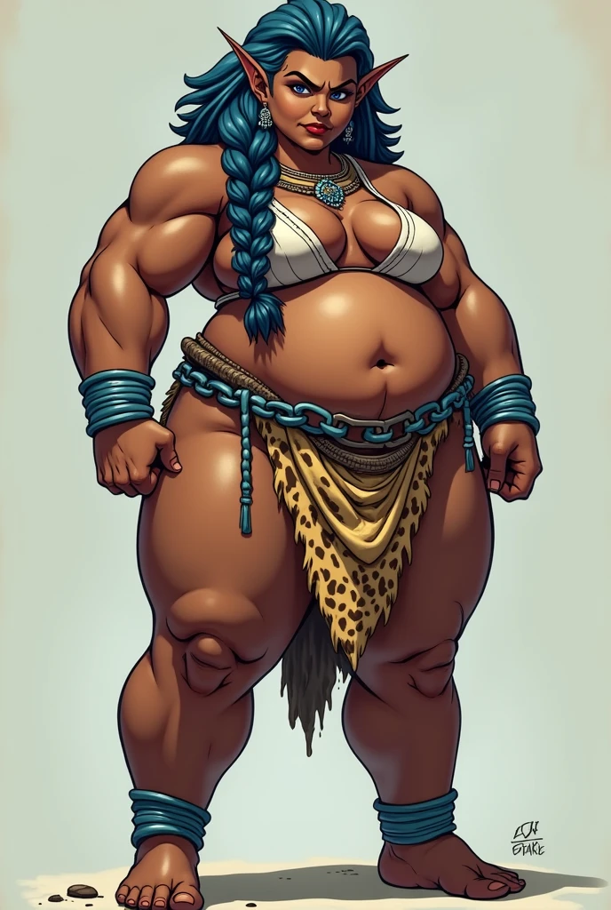 Tall, muscular woman with dark skin and blue hair. Wide hips, wide body, Hefty body. anime style, cartoon style, animated style, Digital art, high detail face, tan lines. clean face, mocking and defiant smile, whole body, She stands firm and takes some chains with shackles of a magical blue metal. Long hair, A thick braid falls over one of her shoulders. tribal clothing, leopard skin skirt, one leg exposed, thick thighs. Tribal Bone Necklace. open legs, scars all over his body. Bound feet, looking at the viewer, simple color background. Scar on his face, hairy and elongated ears.
