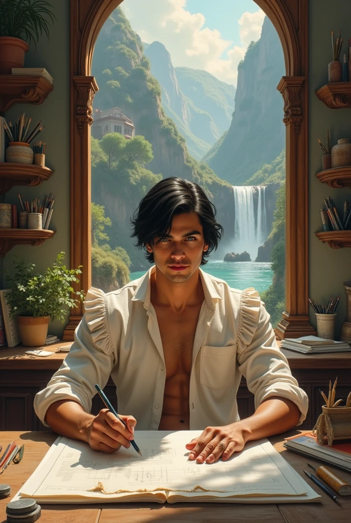 in jc leyendecker and paul cadmus art style, TEXT, "THE DESIGNER", fullbody, a young latino man the young man IS SIT AT A DESK DRAWING PLANS, ARCHITECTURE, soft colors, with a CONCENTRADED look, smiling, FUCUSED gaze, barefoot, perfect anatomy, shelves with all kind of PENS, PENSILES AND RULES, skinny detailed muscles, muscled legs, handsome, gorgeous, GREEN EYES, latino, rose, smirk, short bob haircut, ruffles, silk, reach intricate LARGE WINDOWS TO SEE THE RIVER WATERFALLS background, realism WIDE ANGLE portrait, oil painting, masterpiece, shadows, expert, insanely detailed, 8k resolution