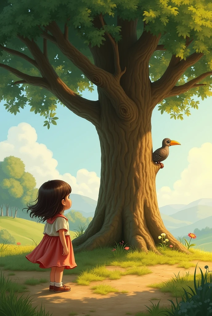 • a girl approached to the tree were tom and the bird were